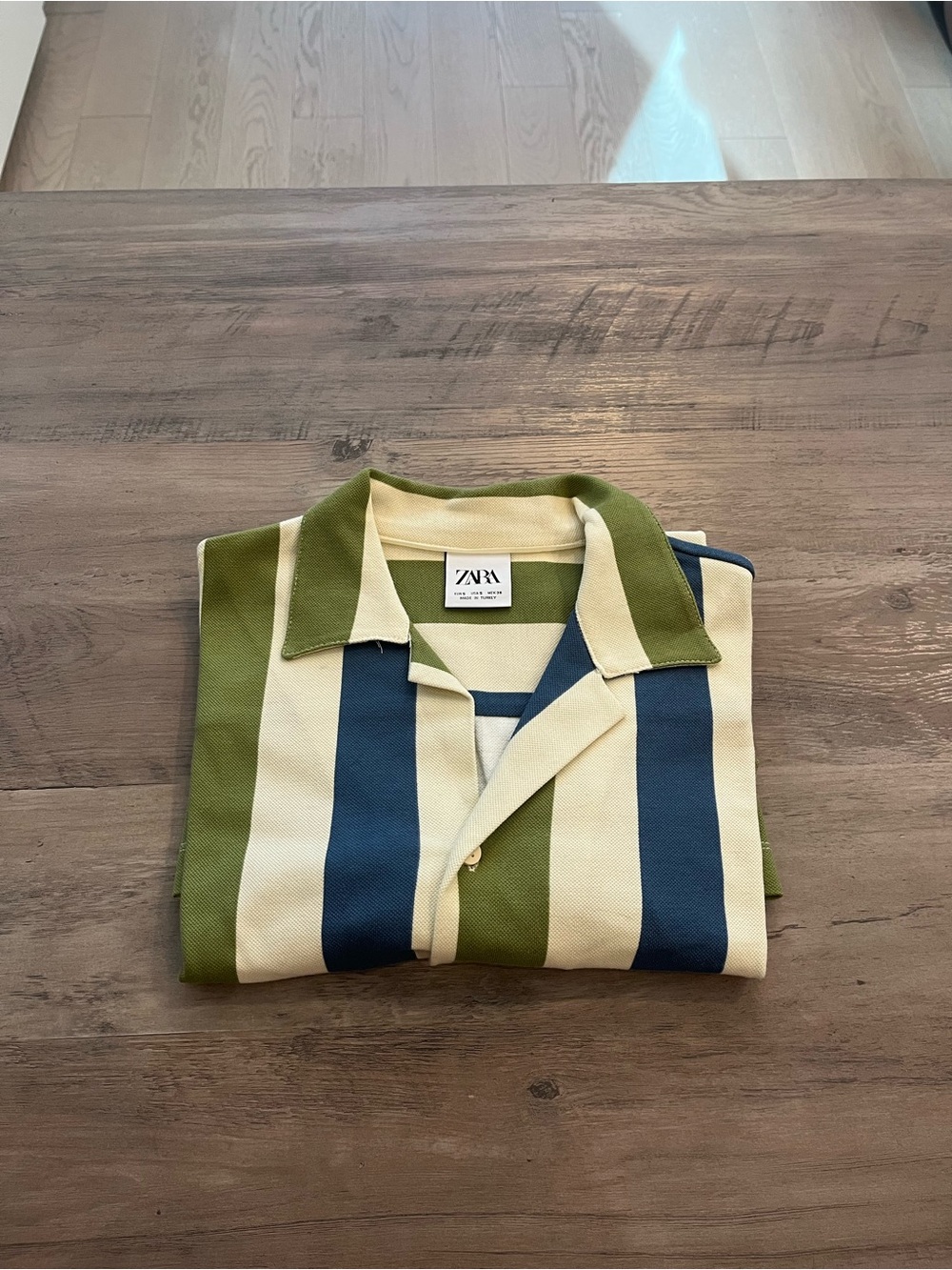 ZARA Men’s Olive Green, Navy & Cream Vertical Stripe Polo